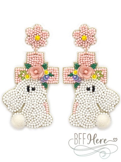 Easter Bunny Cross Seed Bead Earrings — Pink - BFF Here