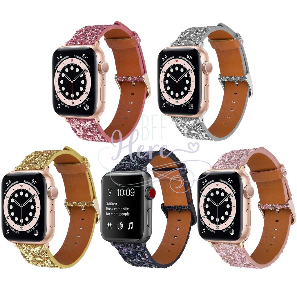 Shiny Glitter Leather Apple Watch Bands -- Choice of Color - BFF Here