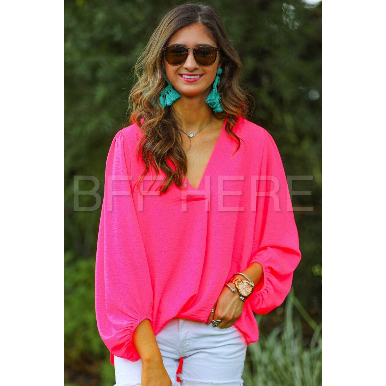 Jamie Balloon Sleeve Top -- Hot Pink - BFF Here