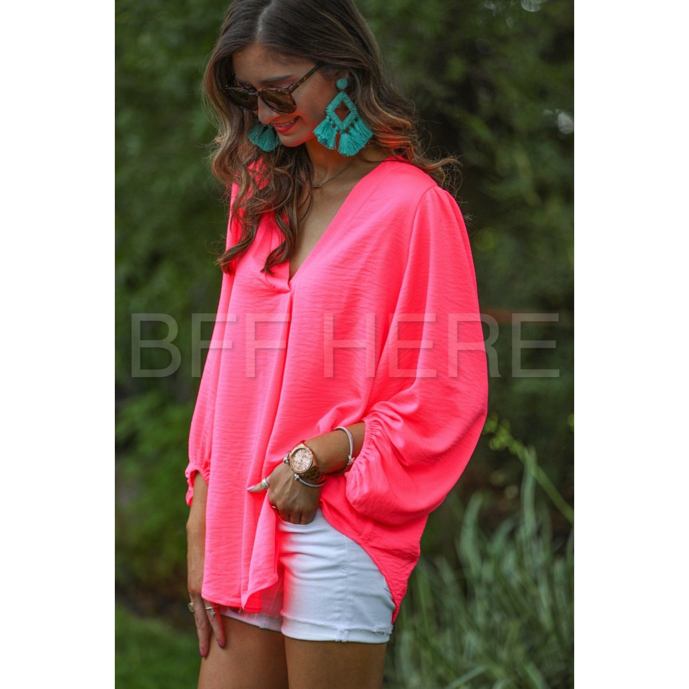 Jamie Balloon Sleeve Top -- Hot Pink - BFF Here