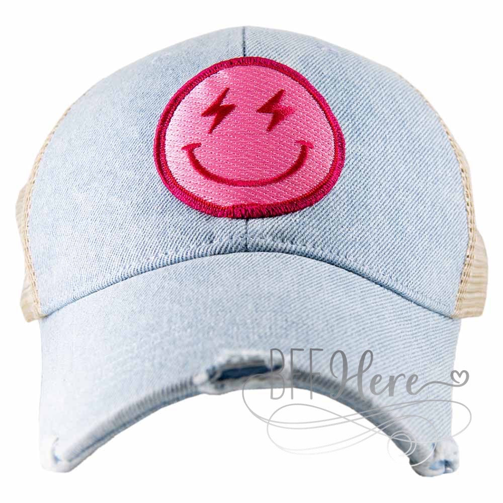 PREORDER—Hot Pink Denim Lightning Happy Face Trucker Hat - BFF Here