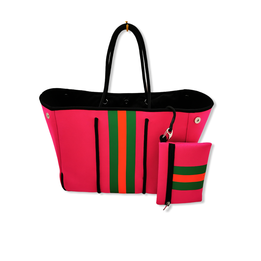 Neoprene Tote -- Hot Pink Green Stripe - BFF Here