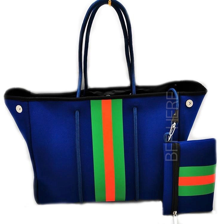 Neoprene Tote -- Royal Blue Green/Red Stripe - BFF Here