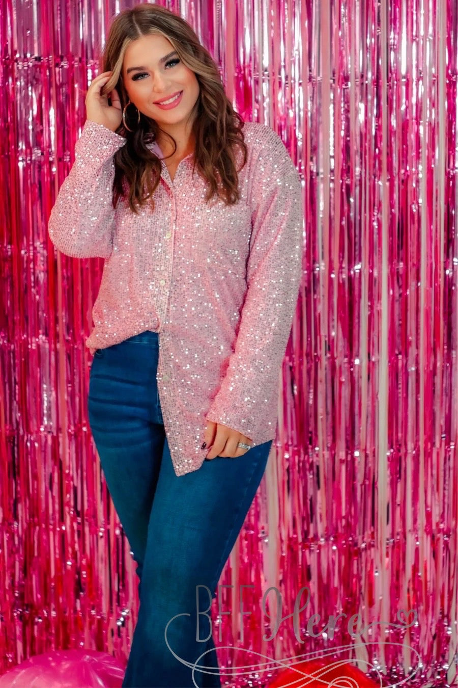 Attention Seeker Sequin Button Up Top — Pink - BFF Here