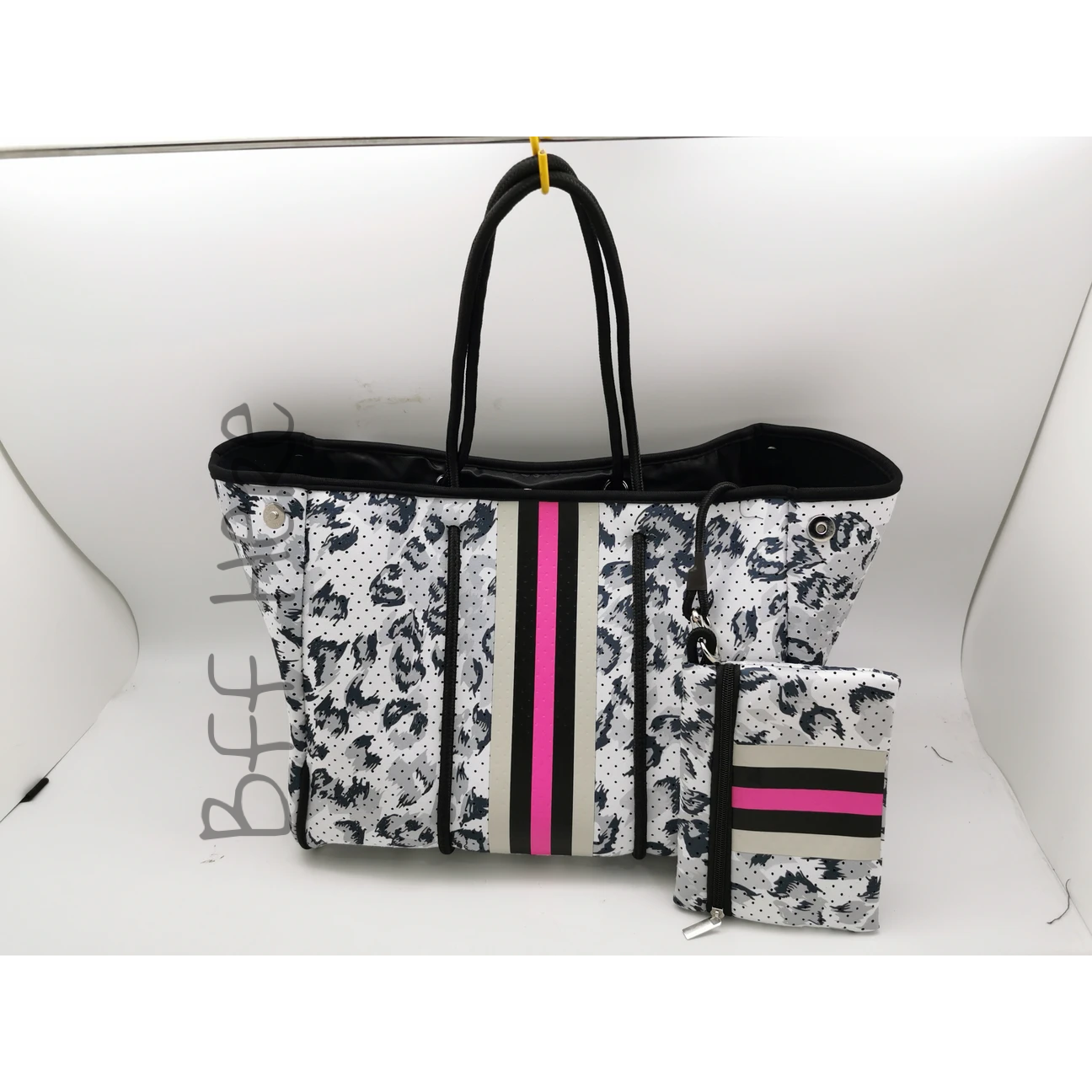 Neoprene Tote -- Black Gray Leopard / Pink Stripe - BFF Here