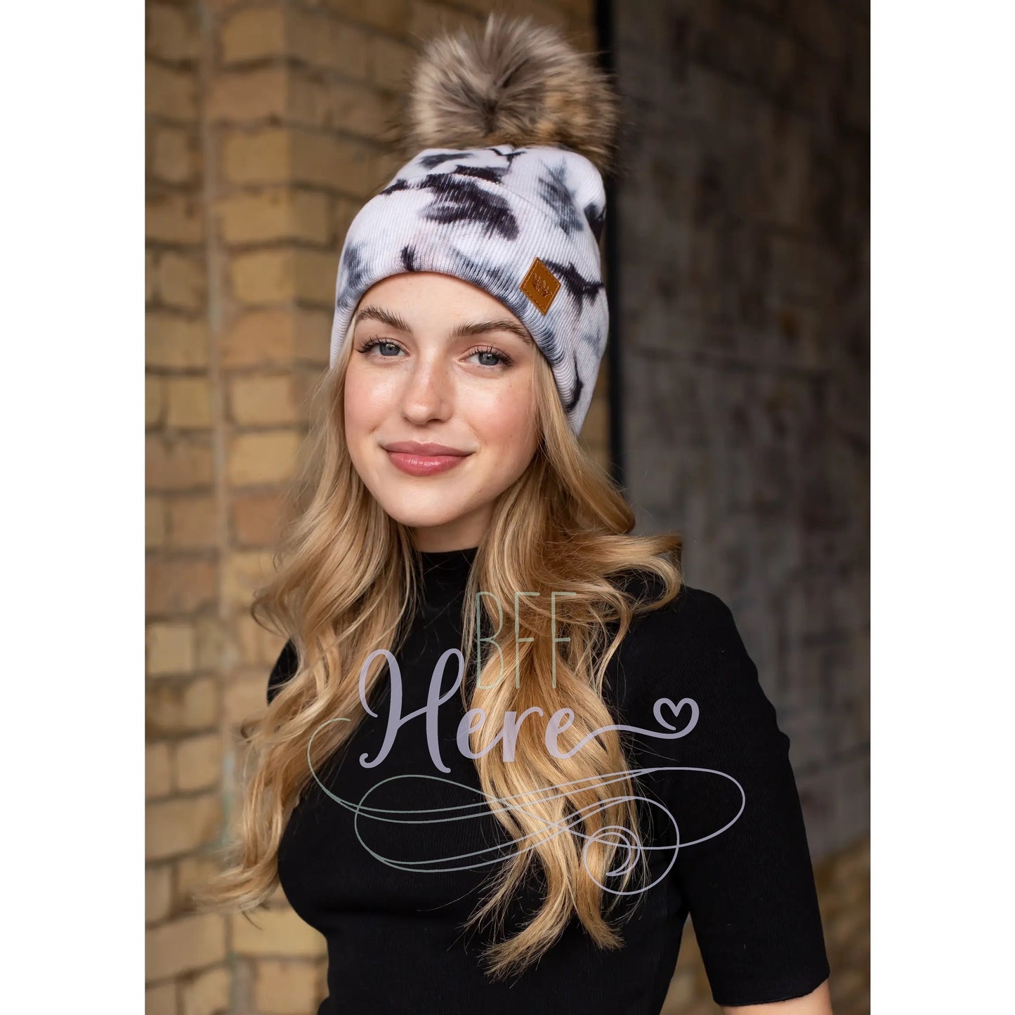 White & Black Tie Dye Pom Hat - BFF Here