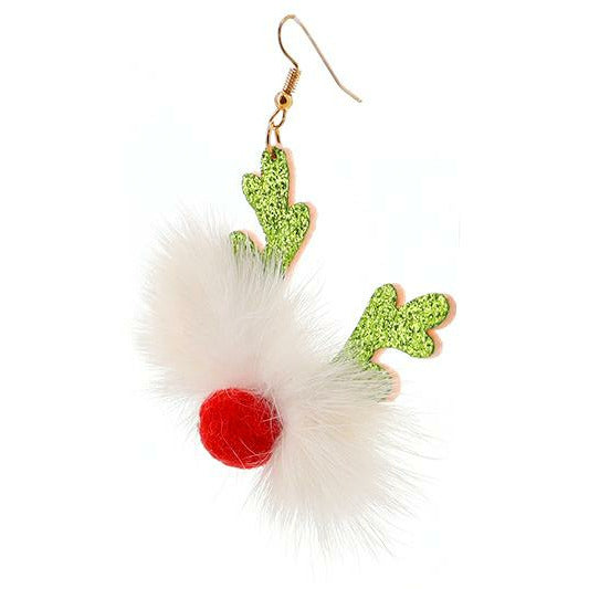 Fluffy Rudolph Earrings — Green Antlers - BFF Here