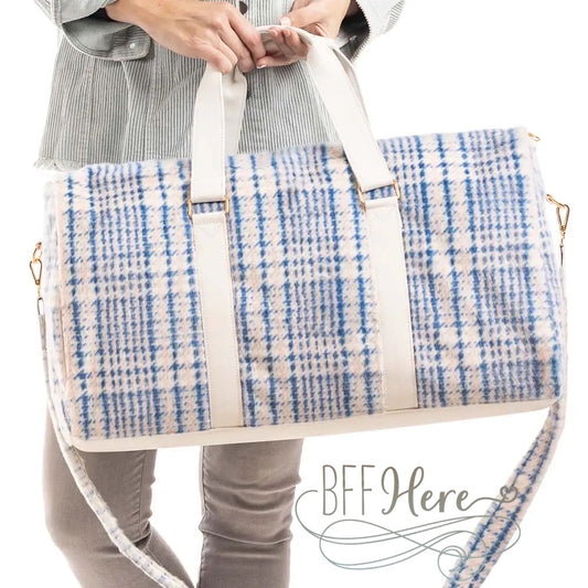 PREORDER—Houndstooth Faux Fur Weekender Bag /Blue - BFF Here