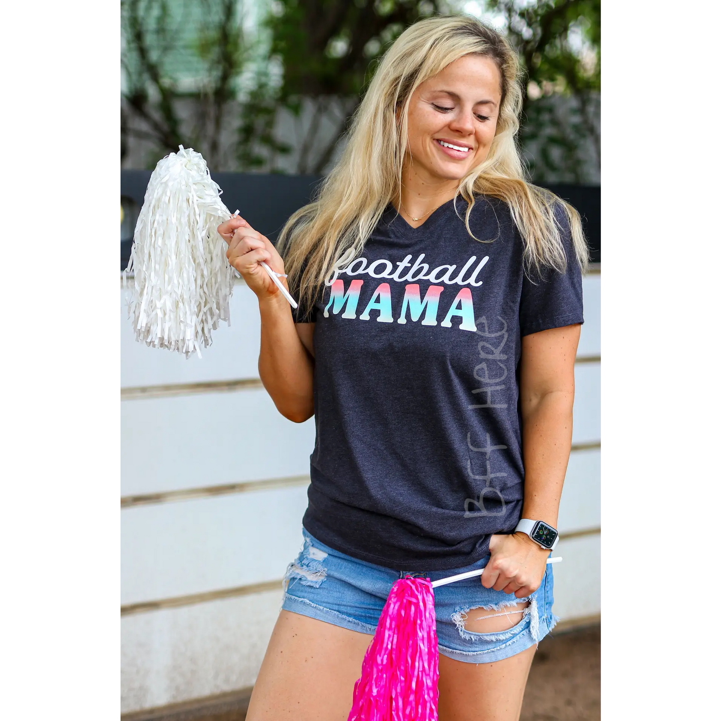 Football Mama Gradient - Black Heather SS V-Neck - BFF Here