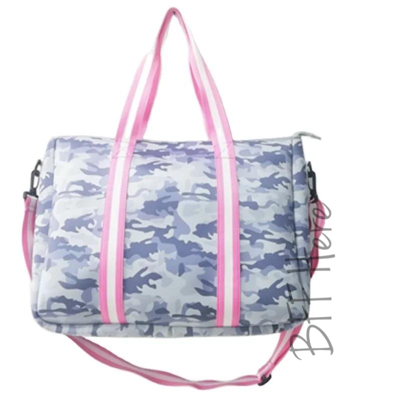 Neoprene Oversize Duffle -- Gray Camo/Pink Stripe - BFF Here