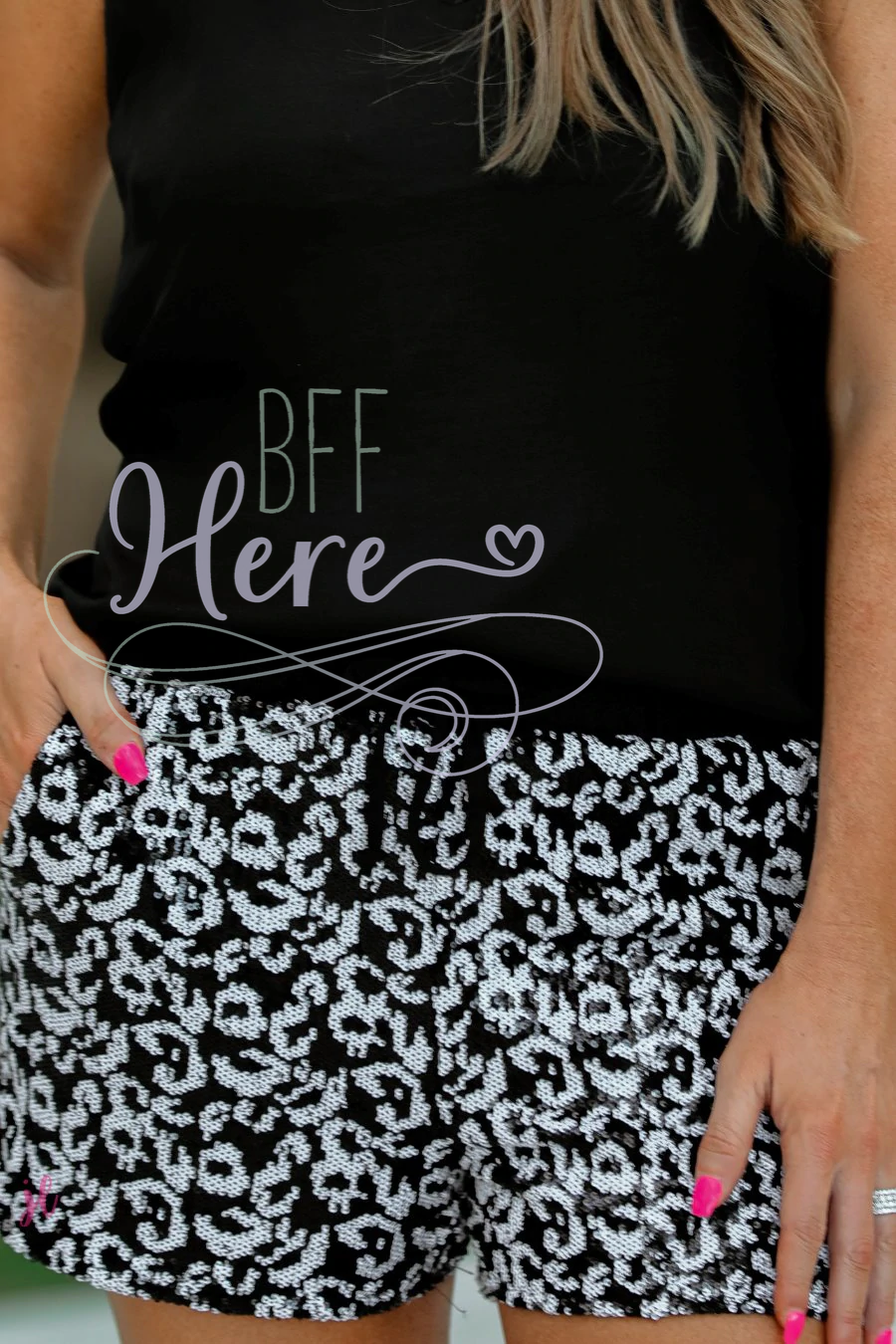 Black & White Leopard Sequin Drawstring Shorts - BFF Here