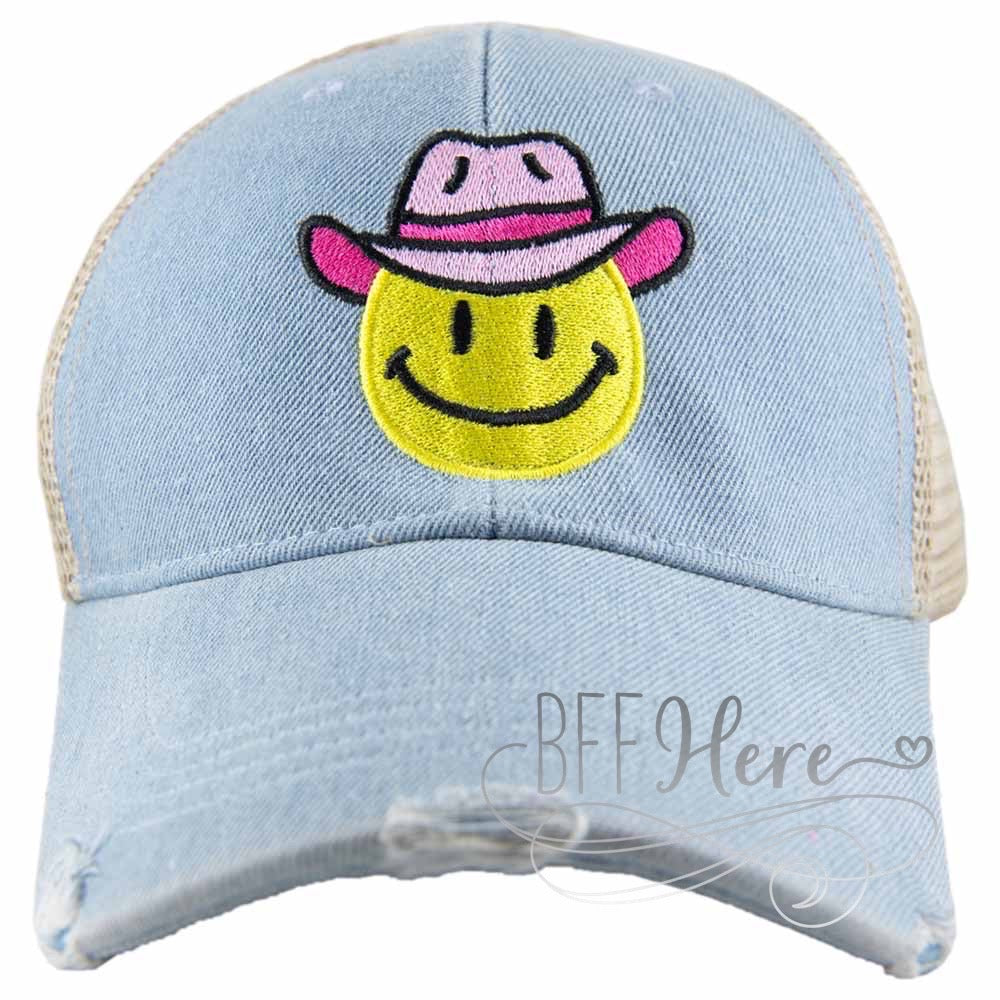 PREORDER—Cowboy  Hat Denim Happy Face Trucker Hat - BFF Here