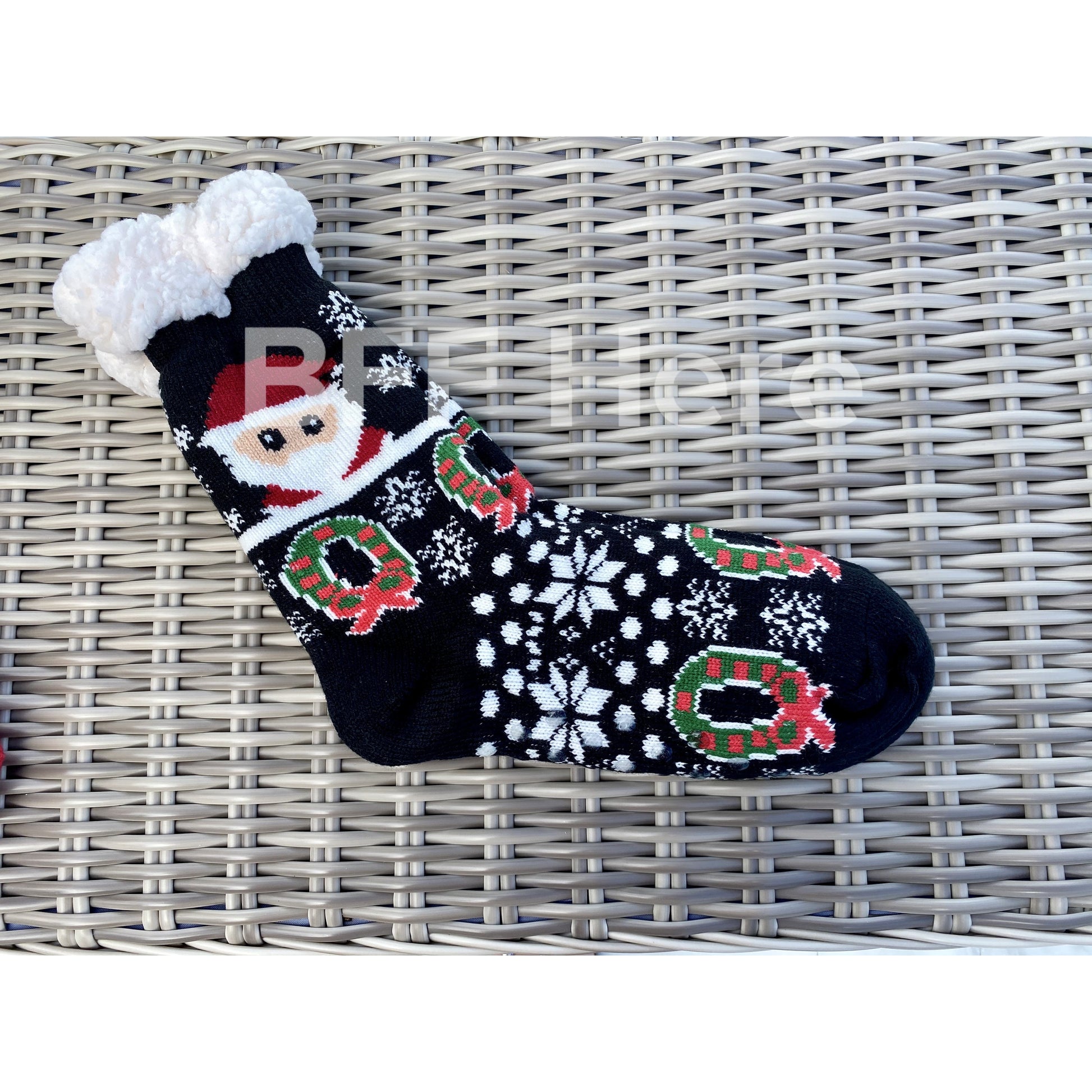 Santa Print Faux Sherpa Slipper Socks -- Choice of Color - BFF Here