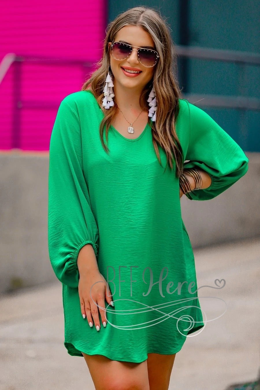 Jessie Balloon Sleeve Dress -- Kelly Green - BFF Here