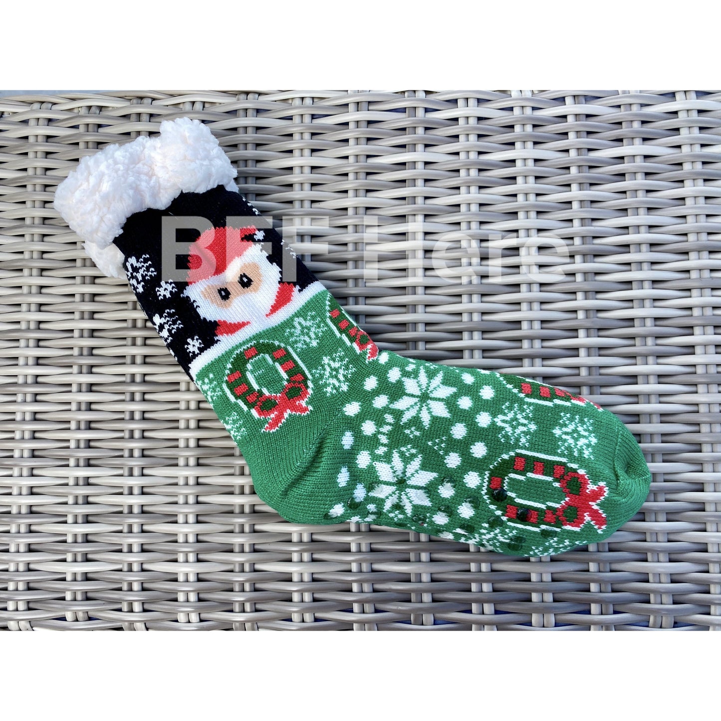 Santa Print Faux Sherpa Slipper Socks -- Choice of Color - BFF Here