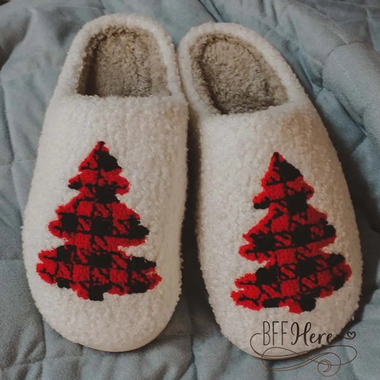 Preorder— Buffalo Plaid Christmas Tree Sherpa Slippers - BFF Here