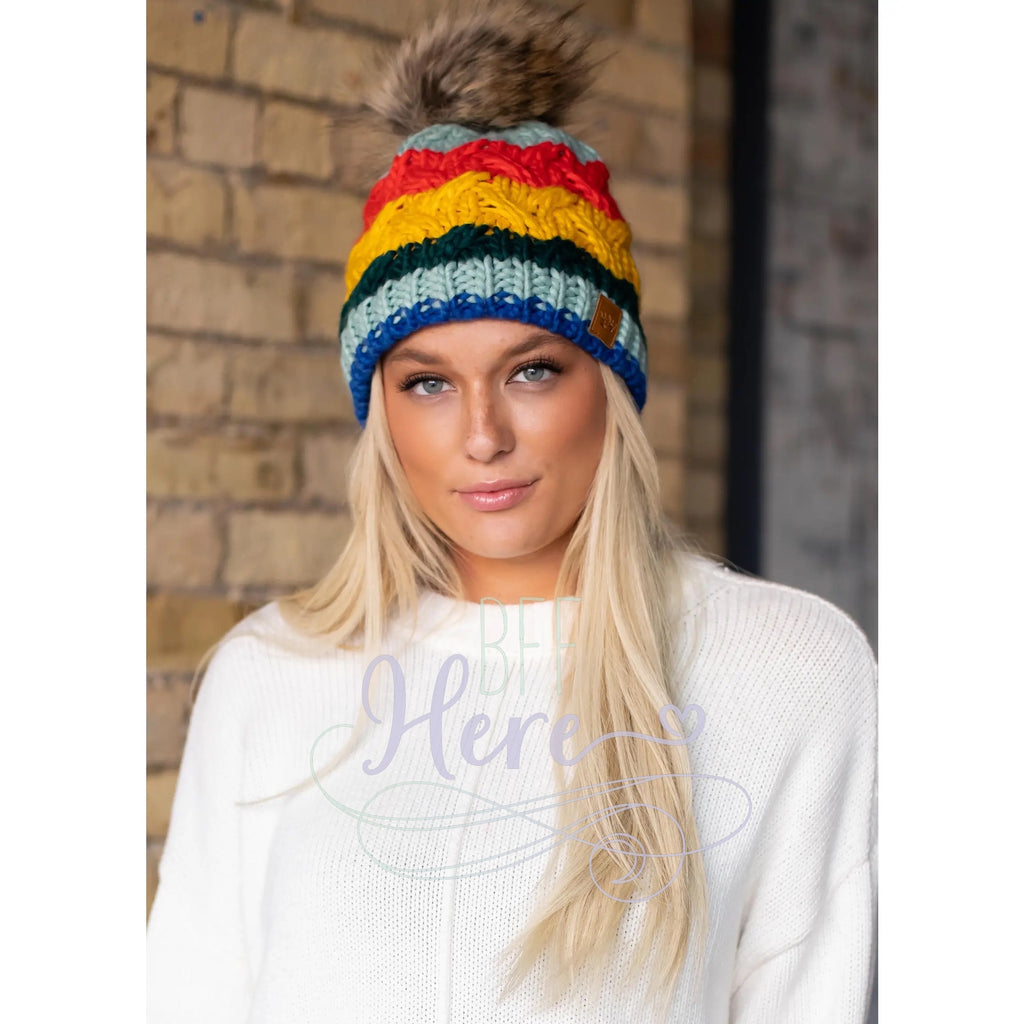 Multi Color Cable Knit Pom Hat - BFF Here