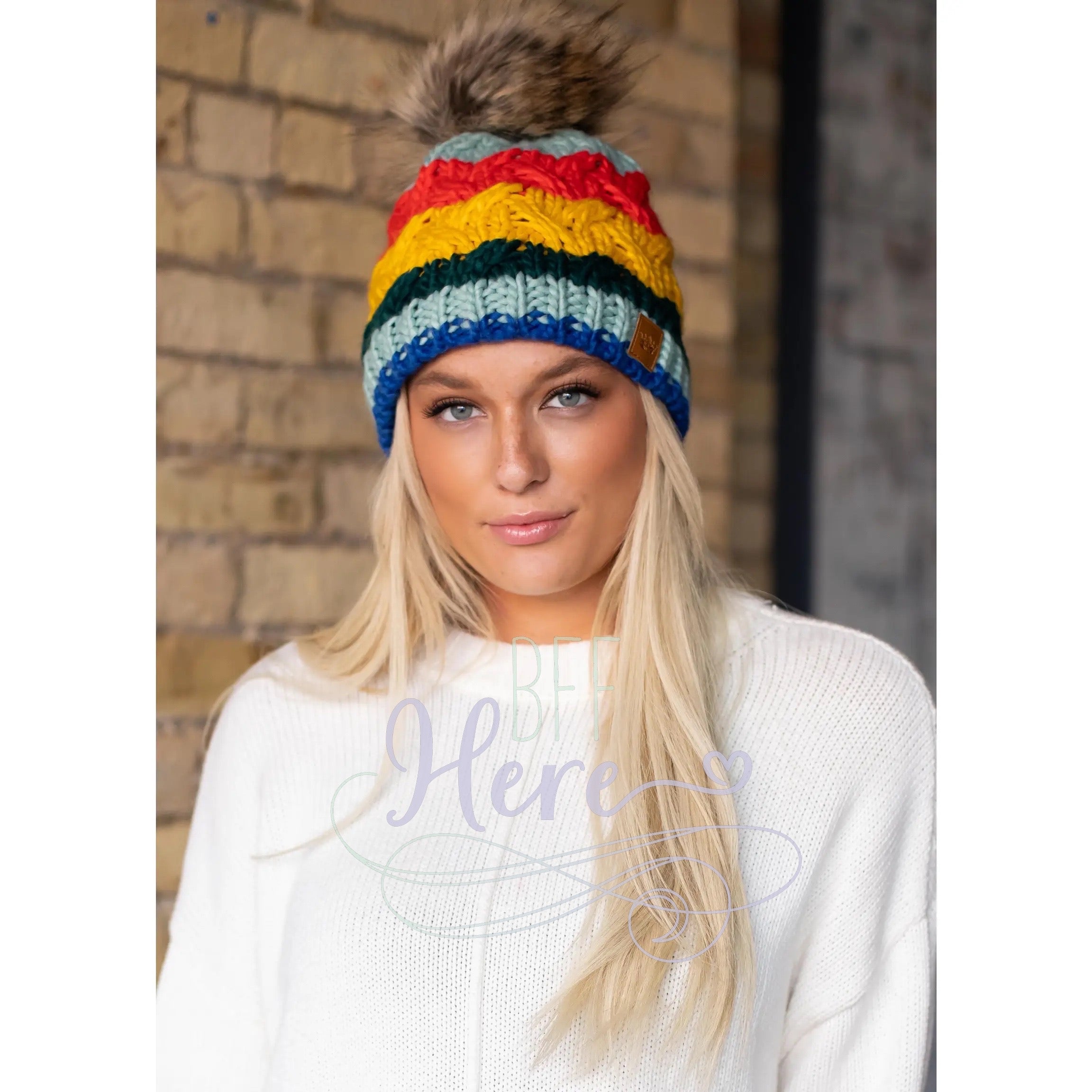 Multi Color Cable Knit Pom Hat - BFF Here