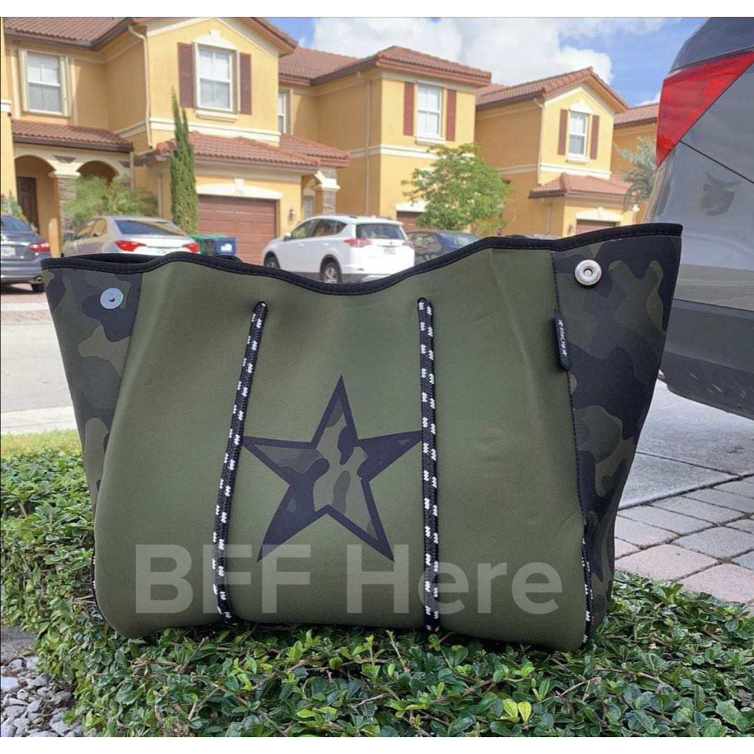 Neoprene Tote -- Green Camo Star - BFF Here