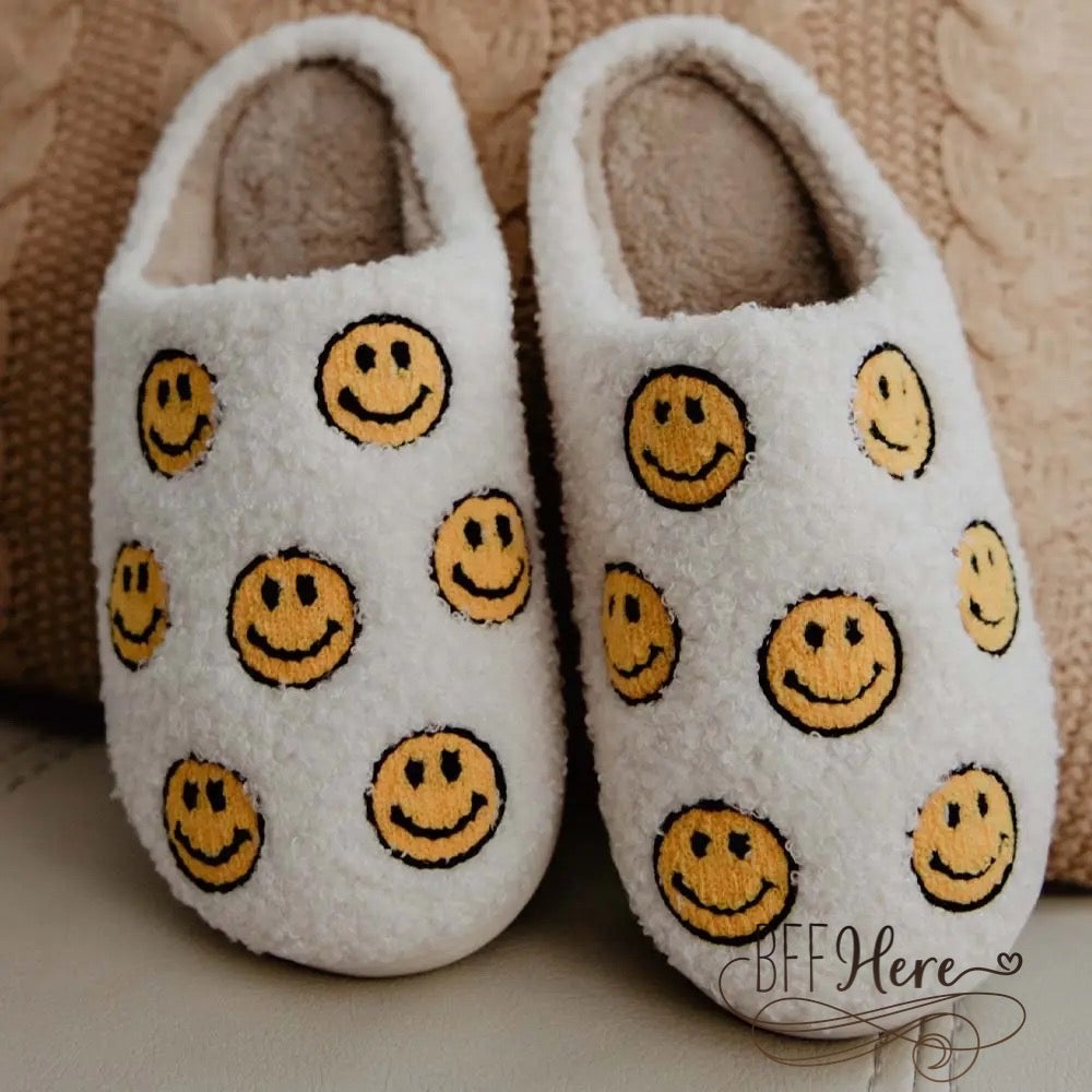 Preorder— Happy Face ALL OVER Sherpa Slippers - BFF Here