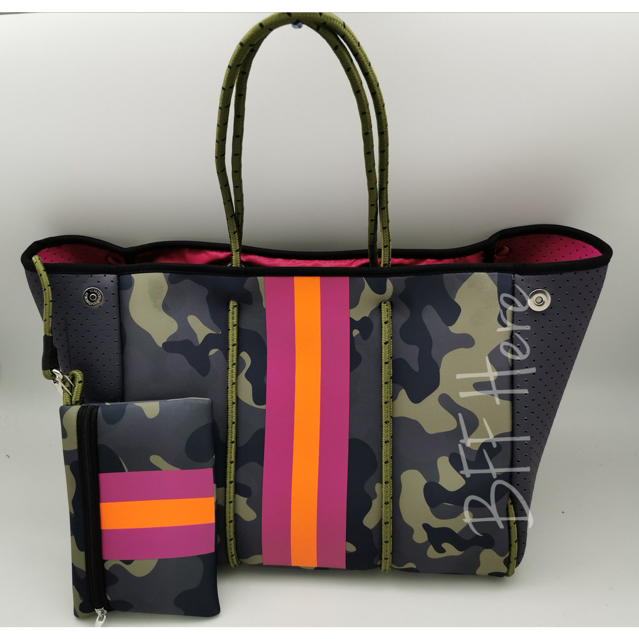 Neoprene Tote -- Green Camo/Pink Stripe - BFF Here