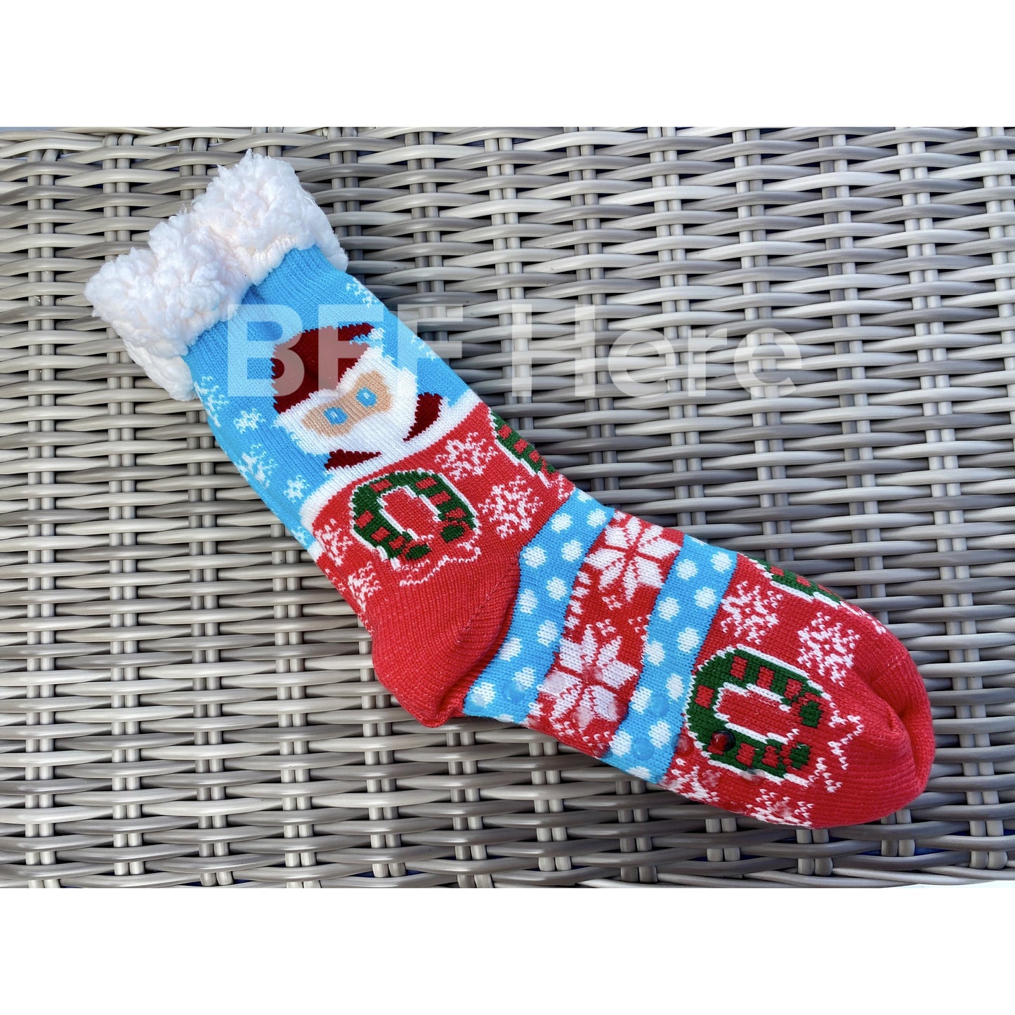 Santa Print Faux Sherpa Slipper Socks -- Choice of Color - BFF Here