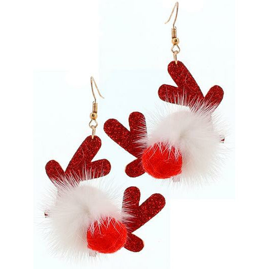 Fluffy Rudolph Earrings — Red Antlers - BFF Here