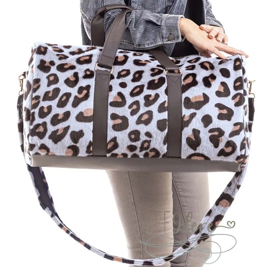 PREORDER—Gray Leopard Faux Fur Weekender Bag - BFF Here