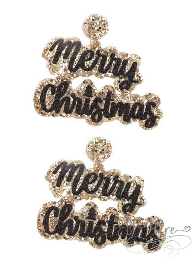 Glitter Merry Christmas Earrings - Black & Gold - BFF Here