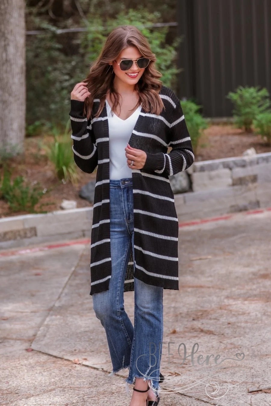 Amber Lightweight Striped Cardigan -- Black - BFF Here