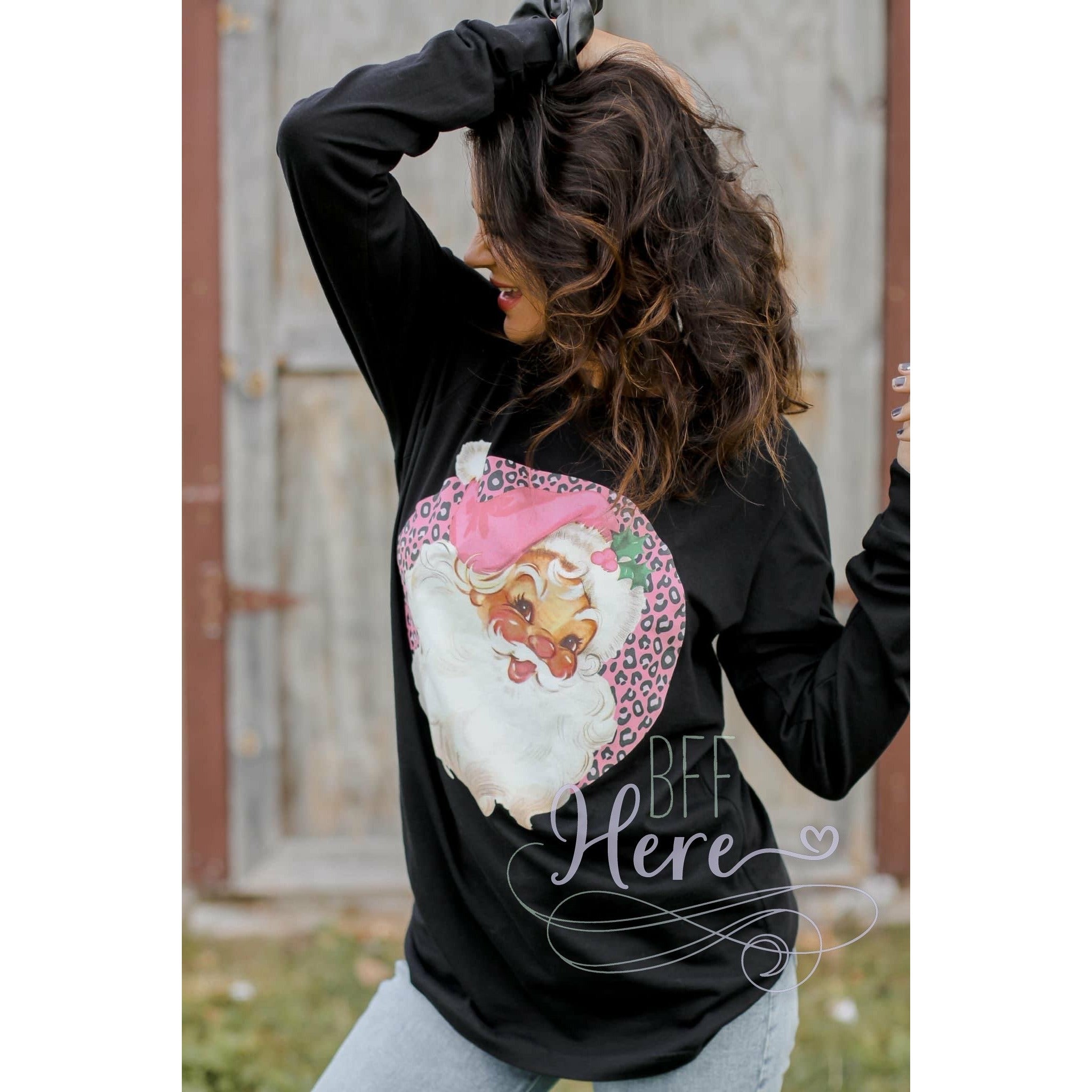 Pink Leopard Santa Long Sleeve T-Shirt - BFF Here