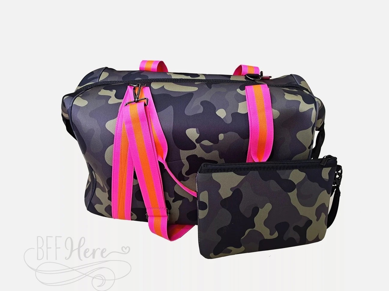 Neoprene Duffle Bag -  Green Camo / Pink Stripe - BFF Here