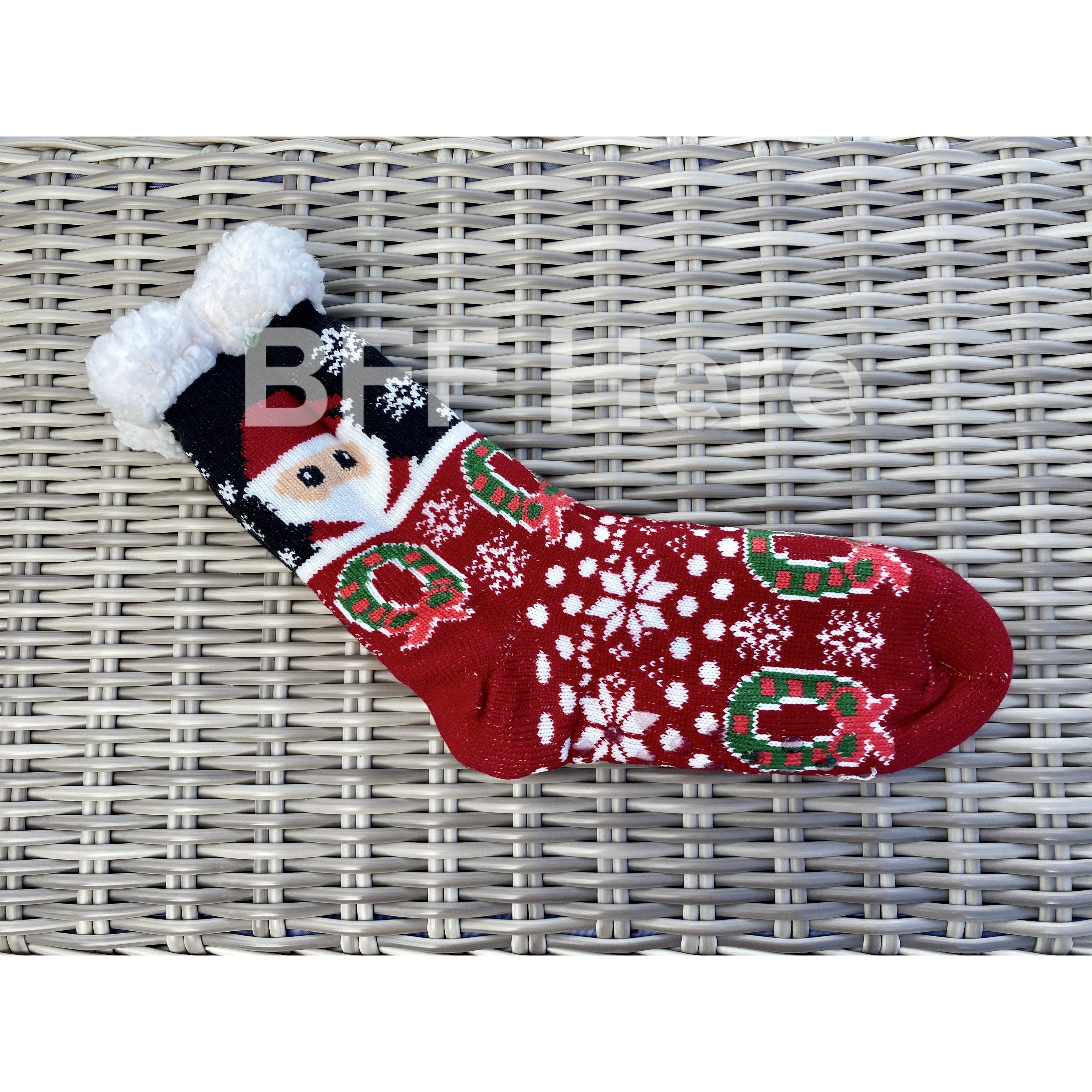 Santa Print Faux Sherpa Slipper Socks -- Choice of Color - BFF Here