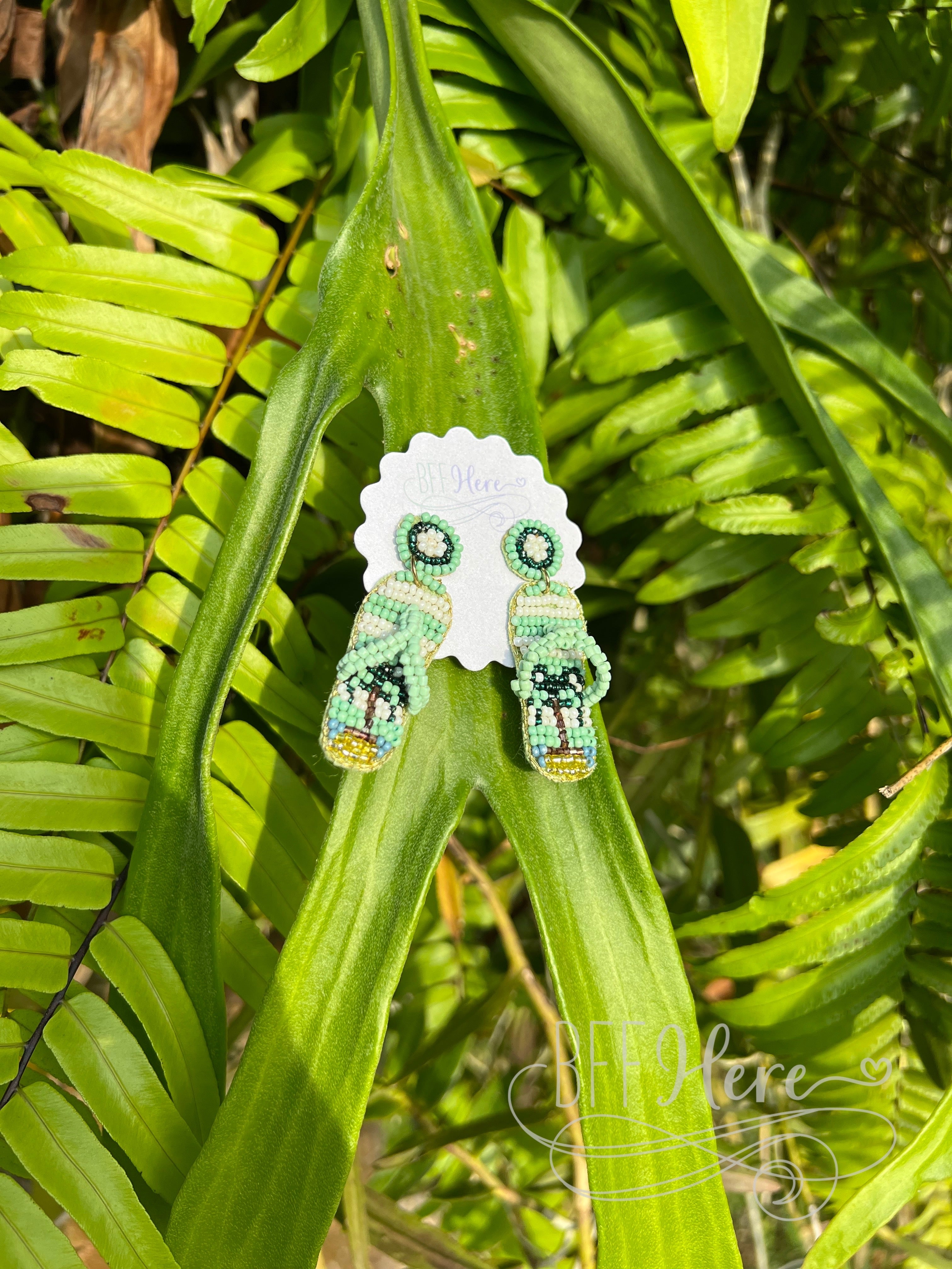 Palm Tree Flip Flop Seed Bead Earrings - BFF Here
