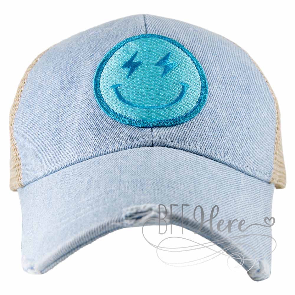 PREORDER—Turquoise Lightning Denim Happy Face Trucker Hat - BFF Here