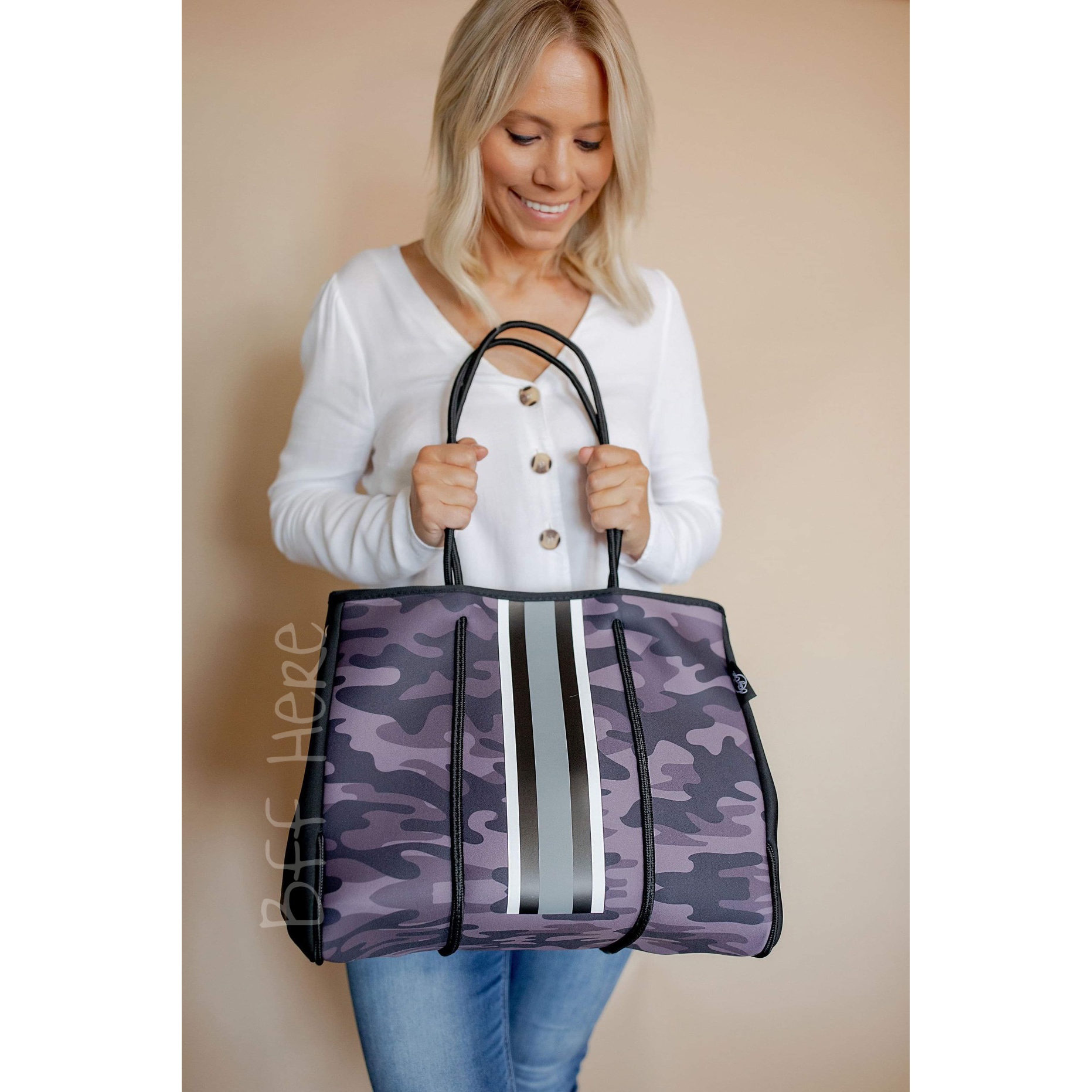 Neoprene Tote -- Plum Camo & Gray Stripe - BFF Here