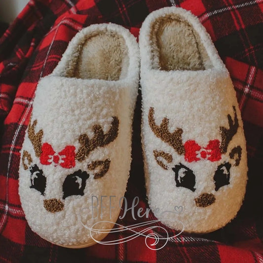 Preorder— Reindeer Face Christmas Sherpa Slippers - BFF Here