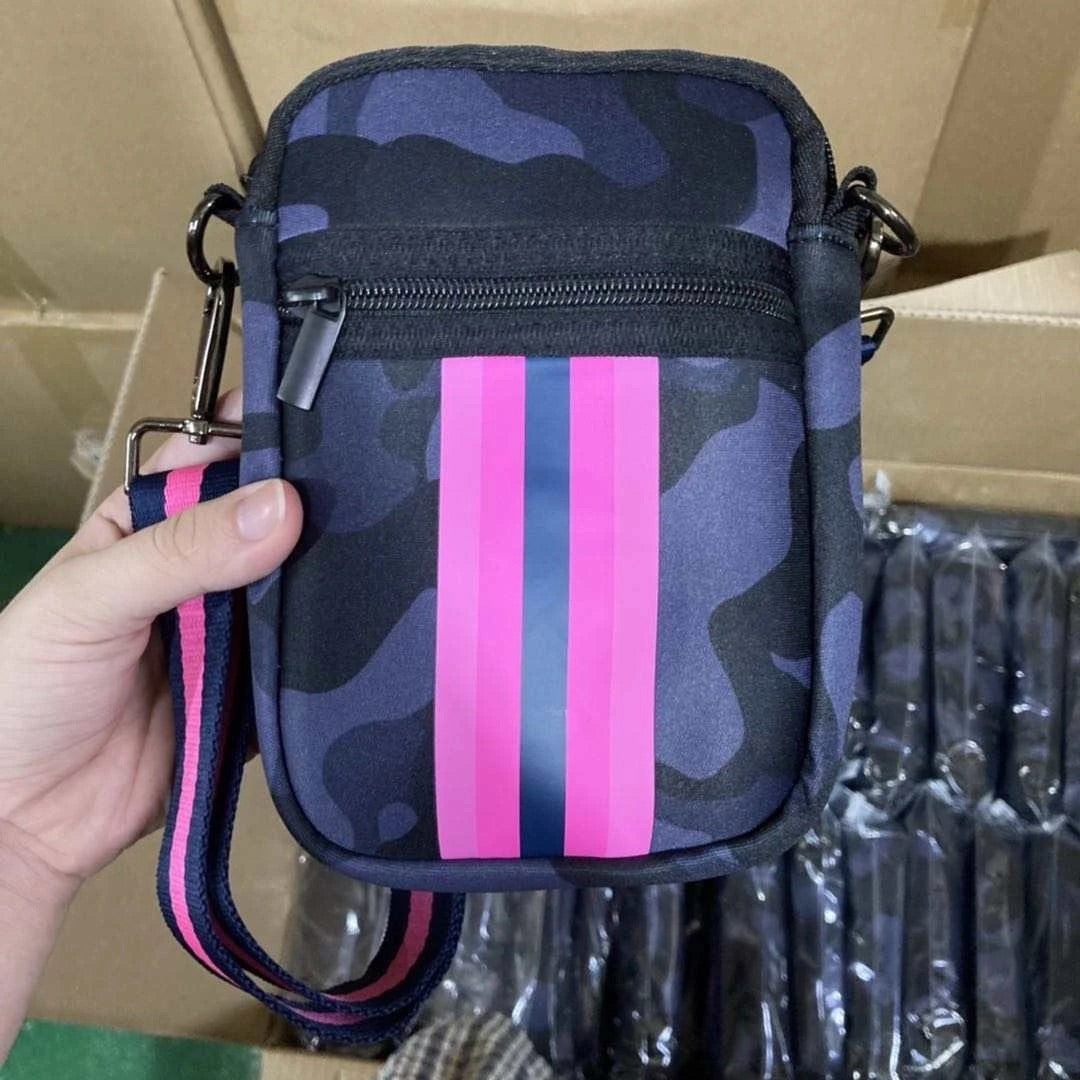 Neoprene Phone Bag --Navy Camo / Pink Stripe - BFF Here