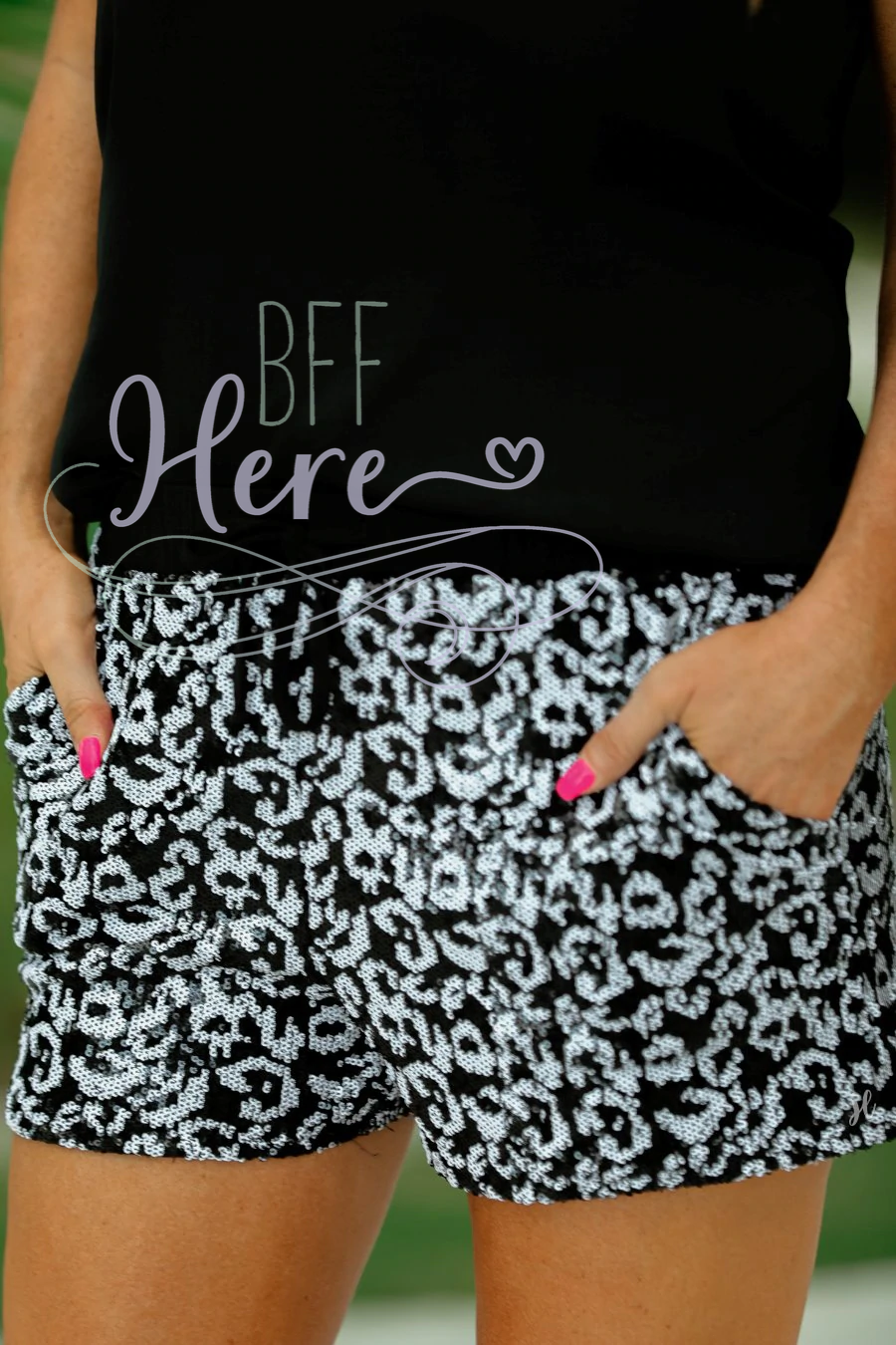 Black & White Leopard Sequin Drawstring Shorts - BFF Here