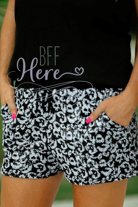 Black & White Leopard Sequin Drawstring Shorts - BFF Here