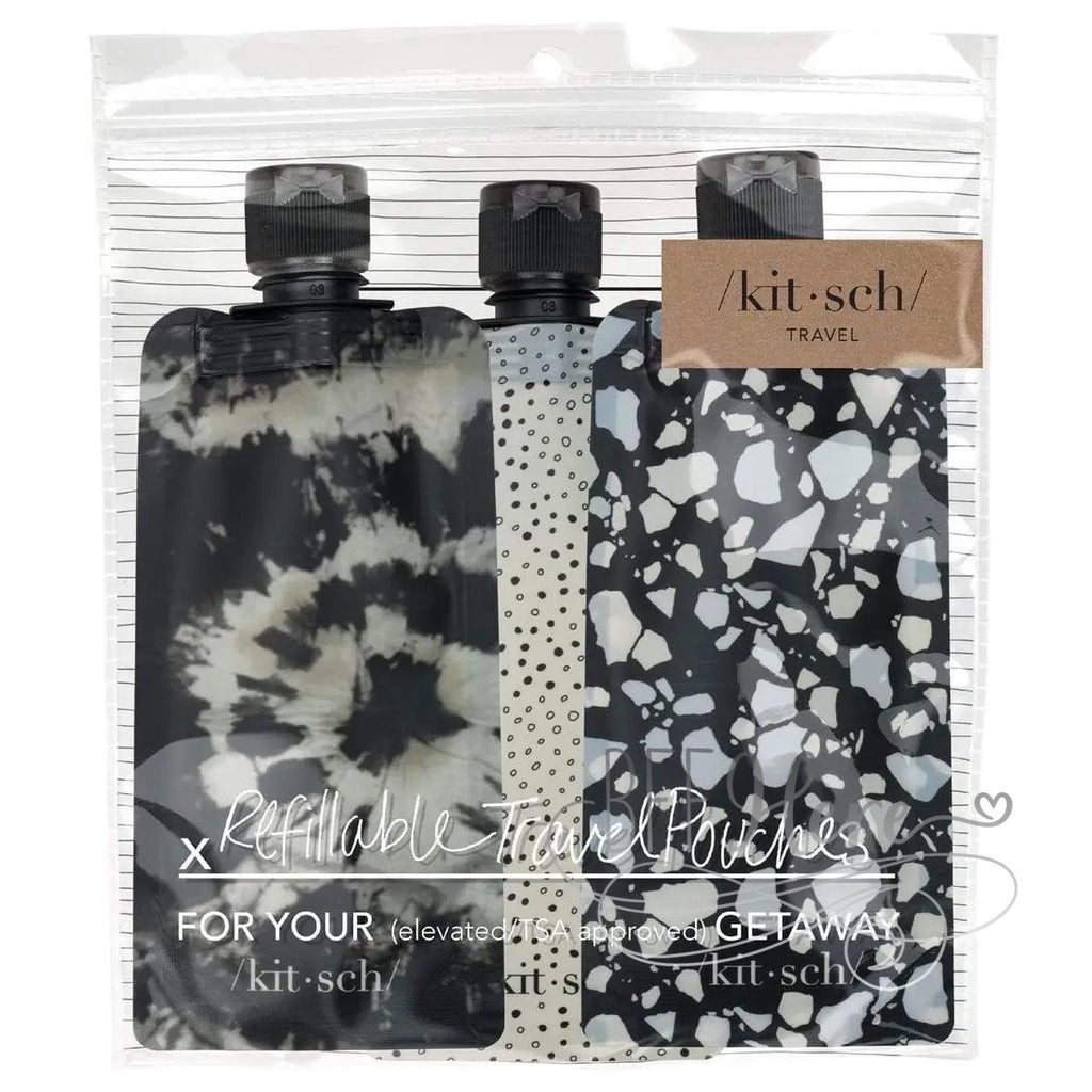 PREORDER—Refillable Travel Pouches 3pc Set by Kitsch- Black & Ivory - BFF Here