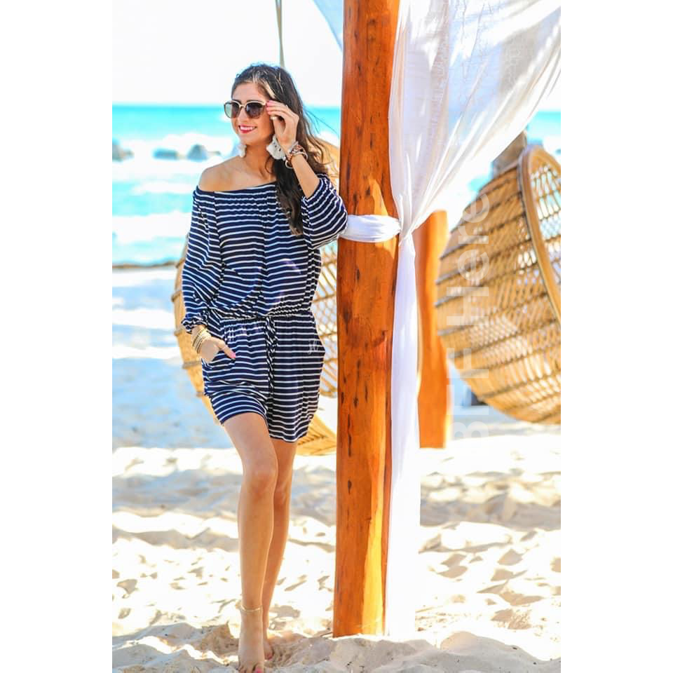 Laguna Beach Striped Off the Shoulder Romper -- Choice of Color - BFF Here