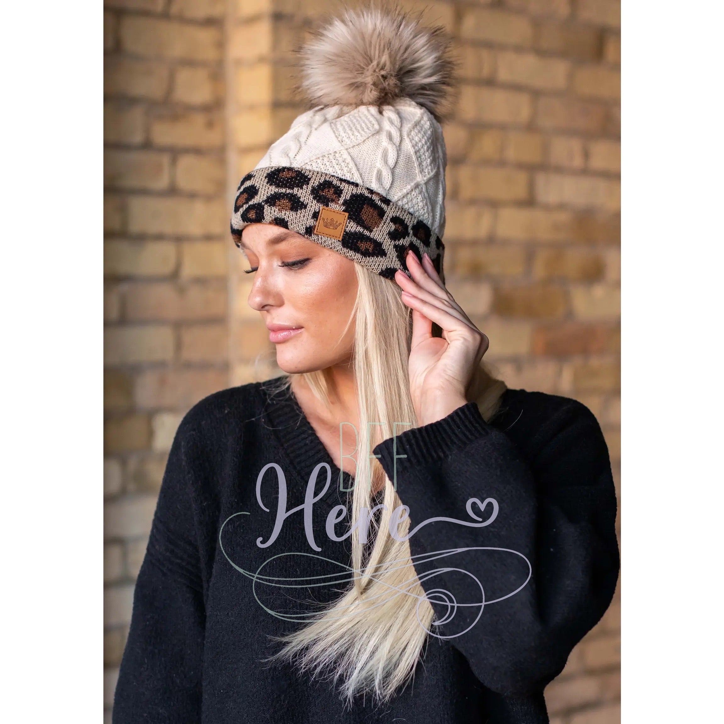Ivory & Leopard Cable Knit Pom Hat - BFF Here