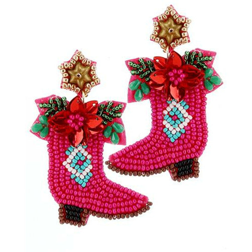 Christmas Cowboy Boots Poinsettia Seed Bead Earrings - BFF Here