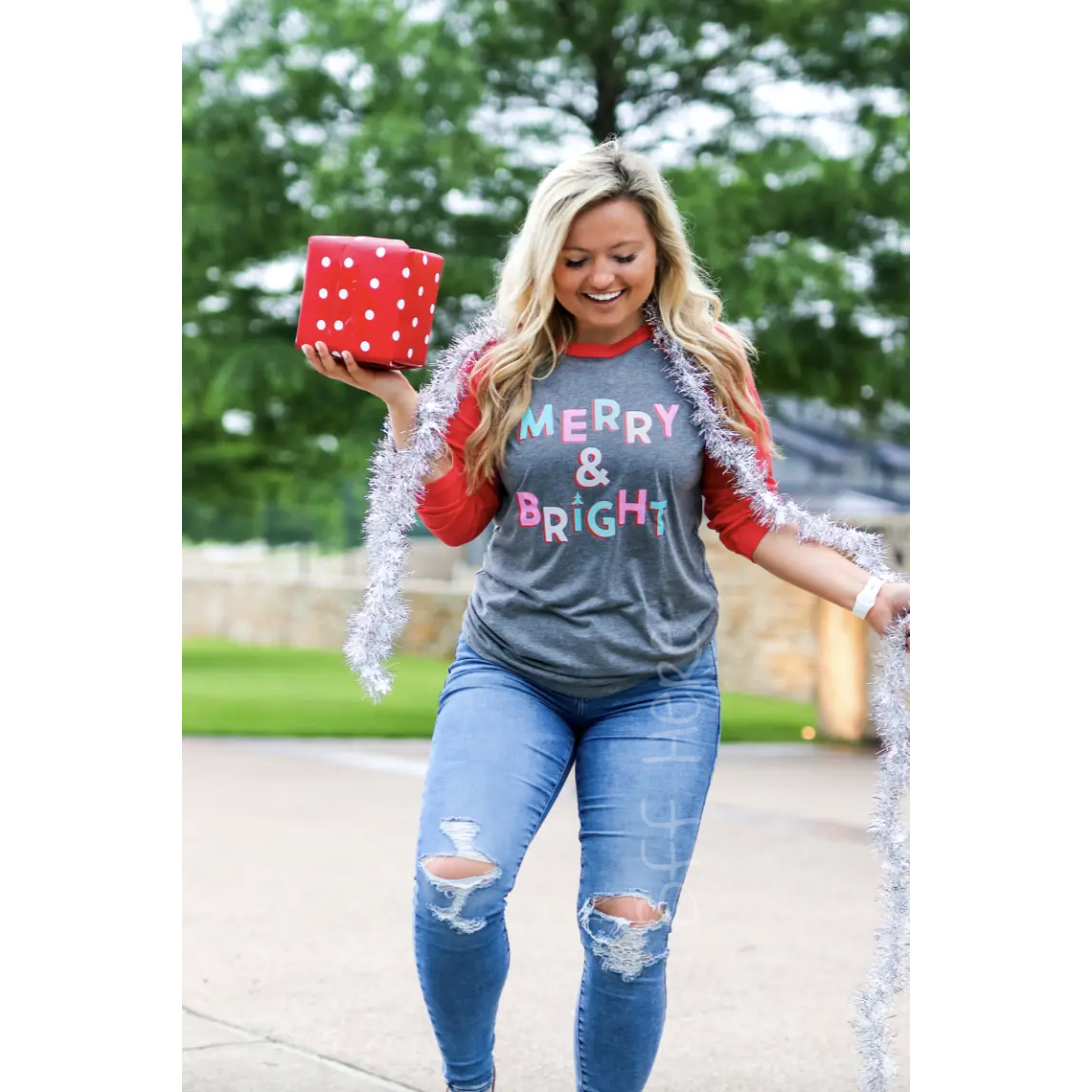 Merry & Bright - LS Raglan (Grey/Red) - BFF Here