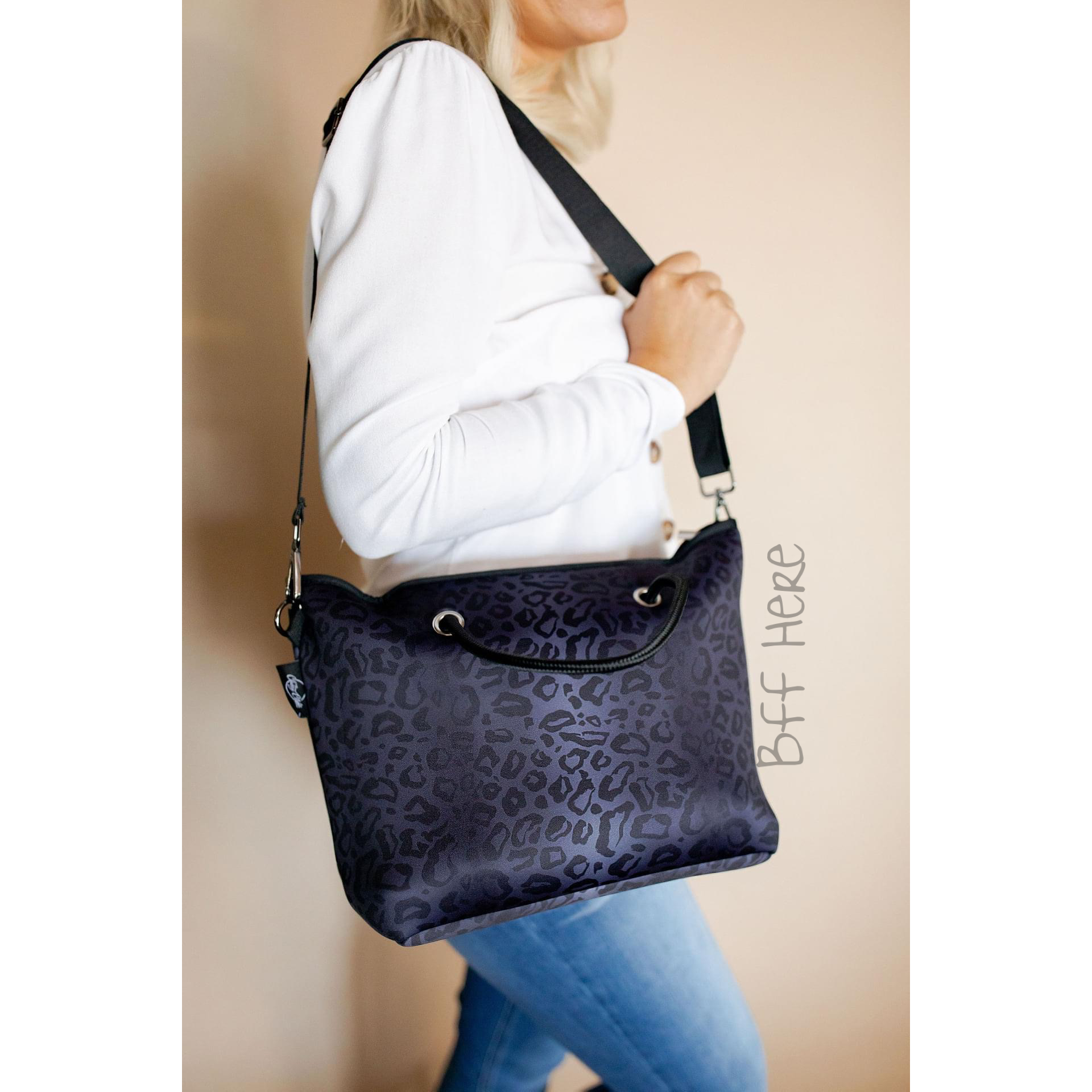 Neoprene Shoulder Tote -- Midnight Leopard - BFF Here