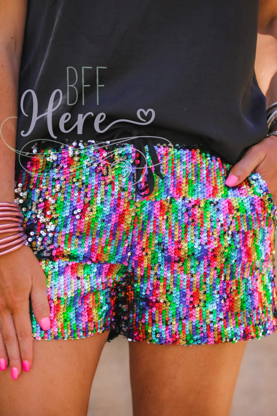 Confetti Sequin Drawstring Shorts - BFF Here