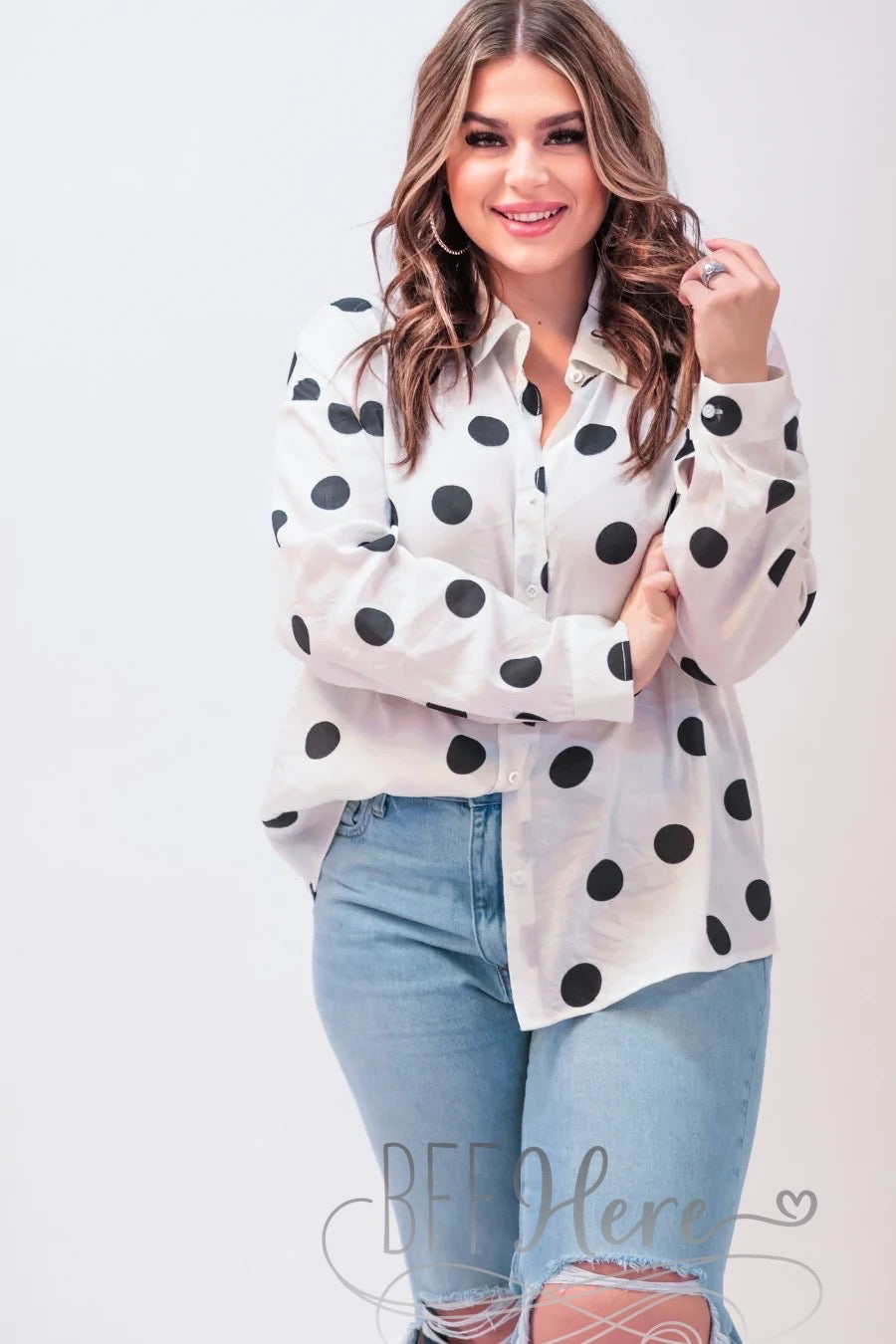 PREORDER-Darling Dot Button Up Top — White - BFF Here