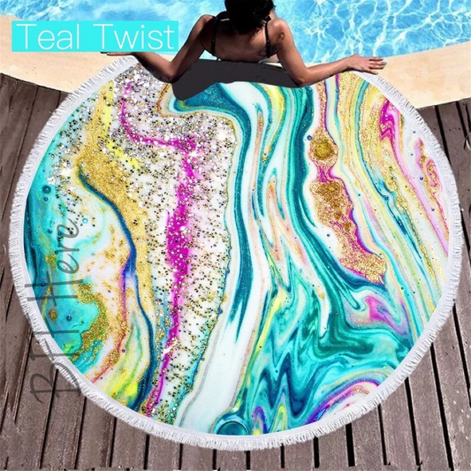 Round Beach Towel -- Teal Twist - BFF Here