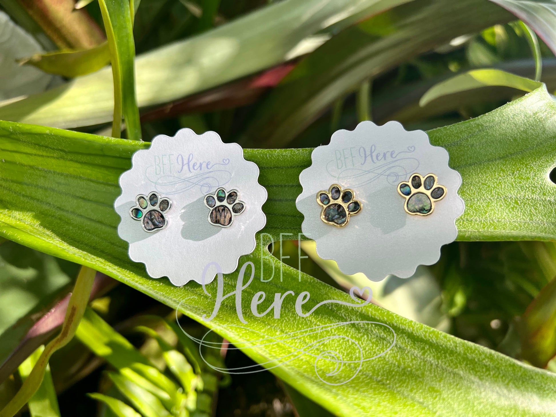 Paw Print Abalone Stud Earrings -- Choice of Color - BFF Here